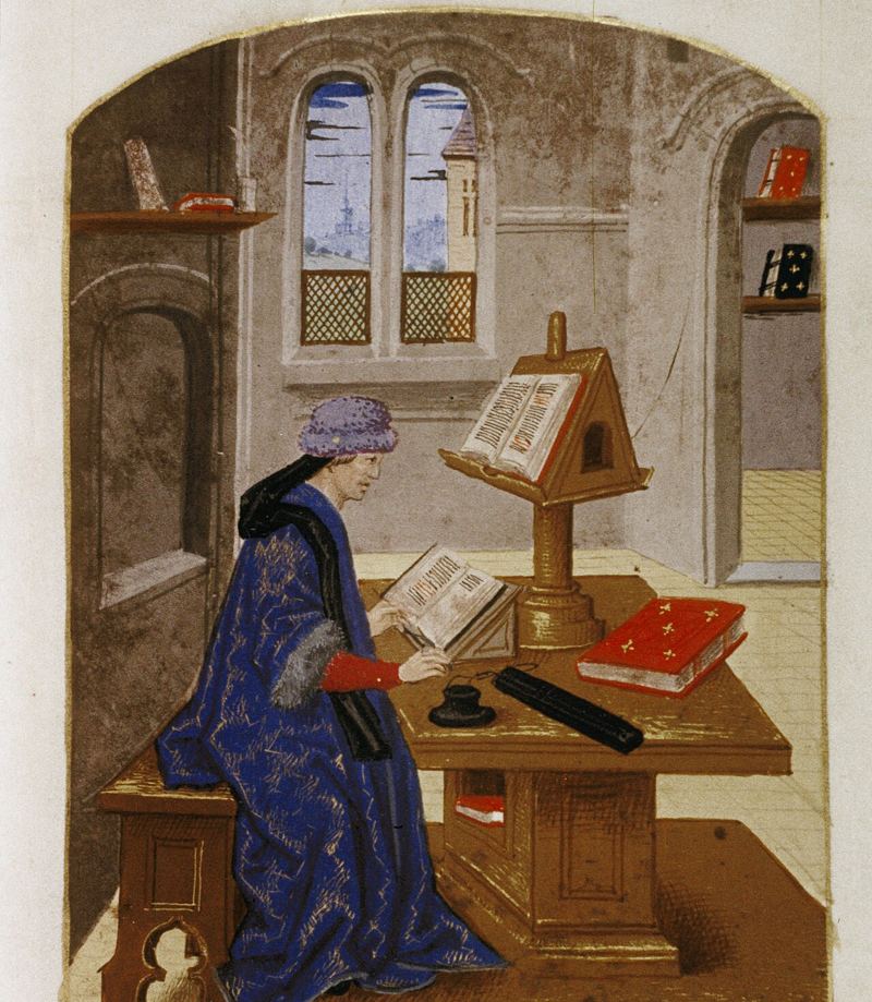 Jacques de Guyse reading at his desk among his books, around 1500
