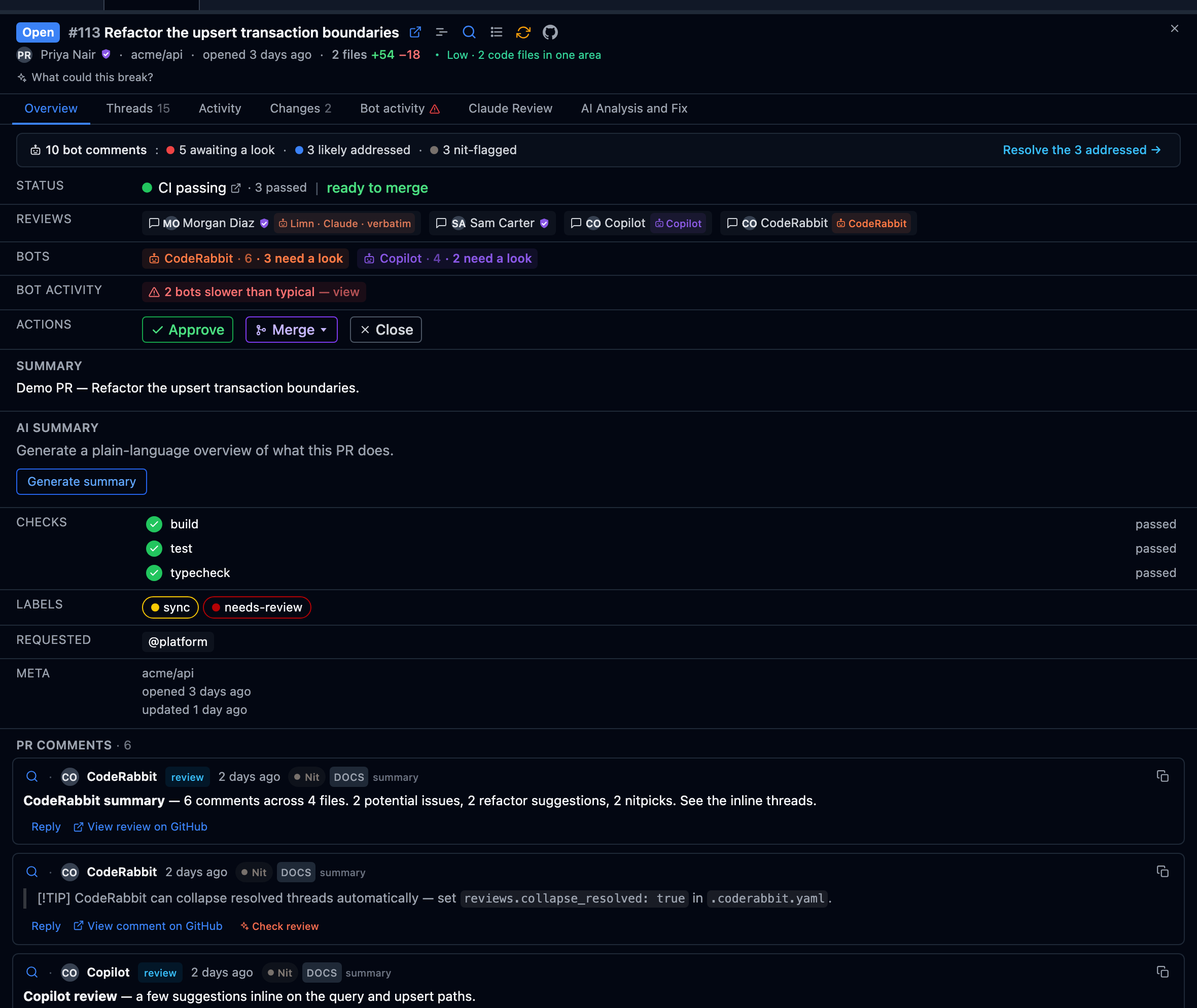 A pull request in detail: the merge verdict and its blockers, the reach chip, approve and merge controls, the bot triage grade and the review threads
