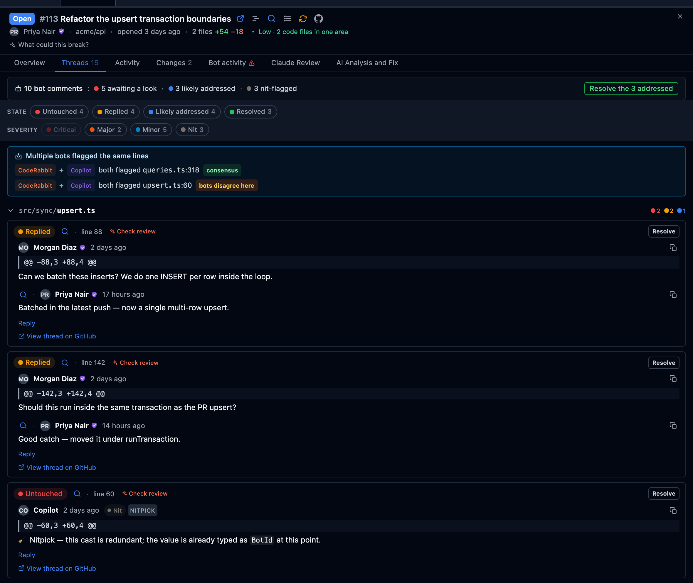 A pull request's thread list: each thread carrying a derived state, the vendor that opened it and a severity badge